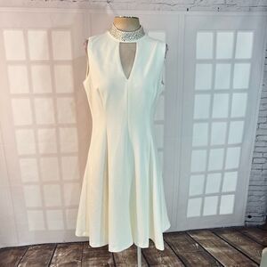 Calvin Klein Off White Sleeveless Embellished High Neck Fit & Flare Dress Sz 12